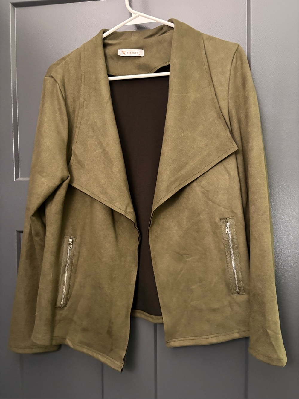 Draped Olive Green Suede-Style Open Front Jacket